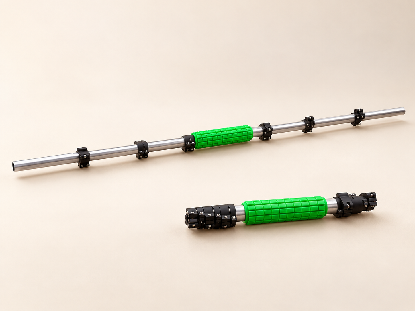 Editorial illustration of an early telescoping bar with a green grip, extended and collapsed.