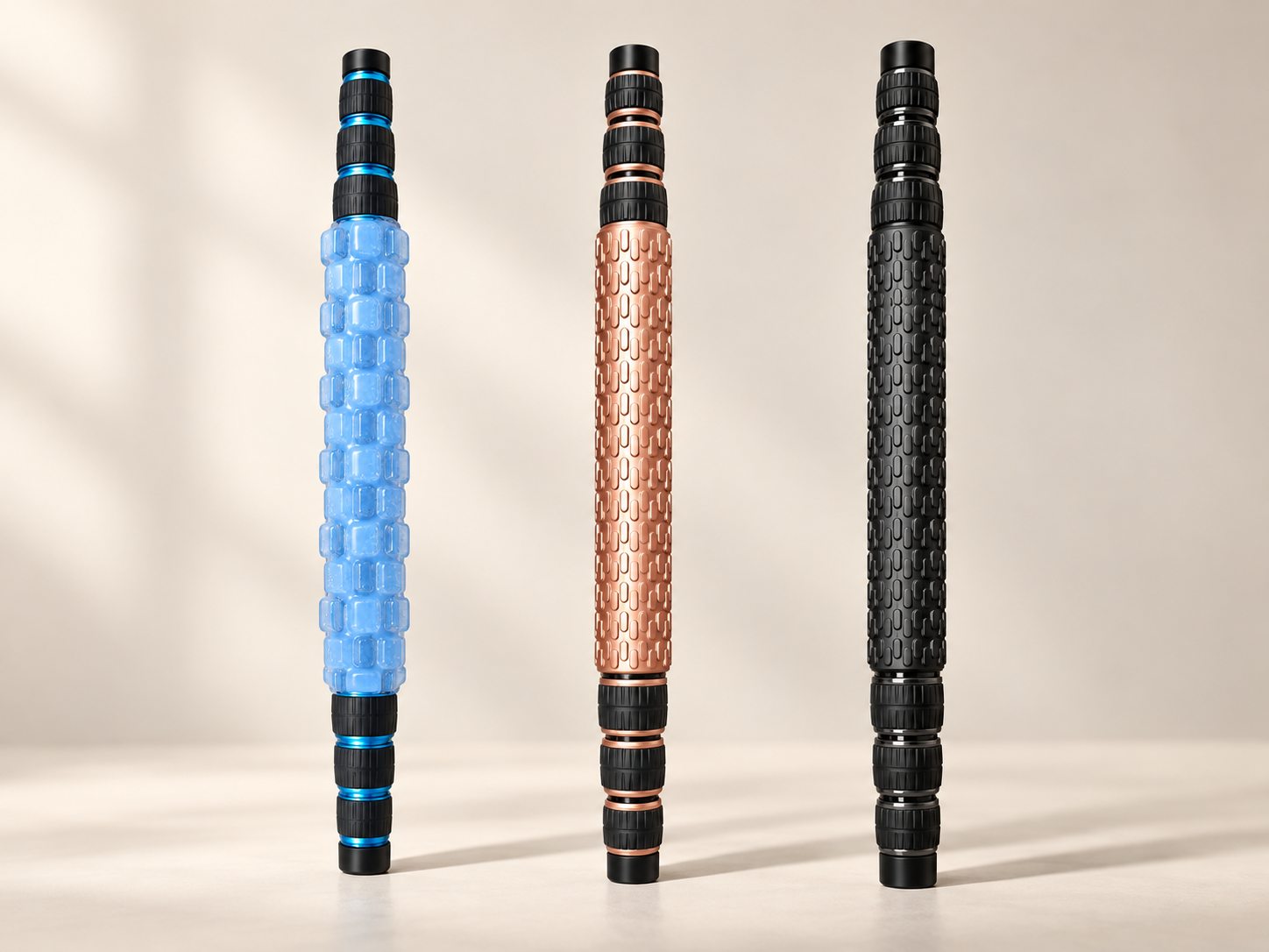 Editorial illustration of three roller design concepts in blue, copper and black.