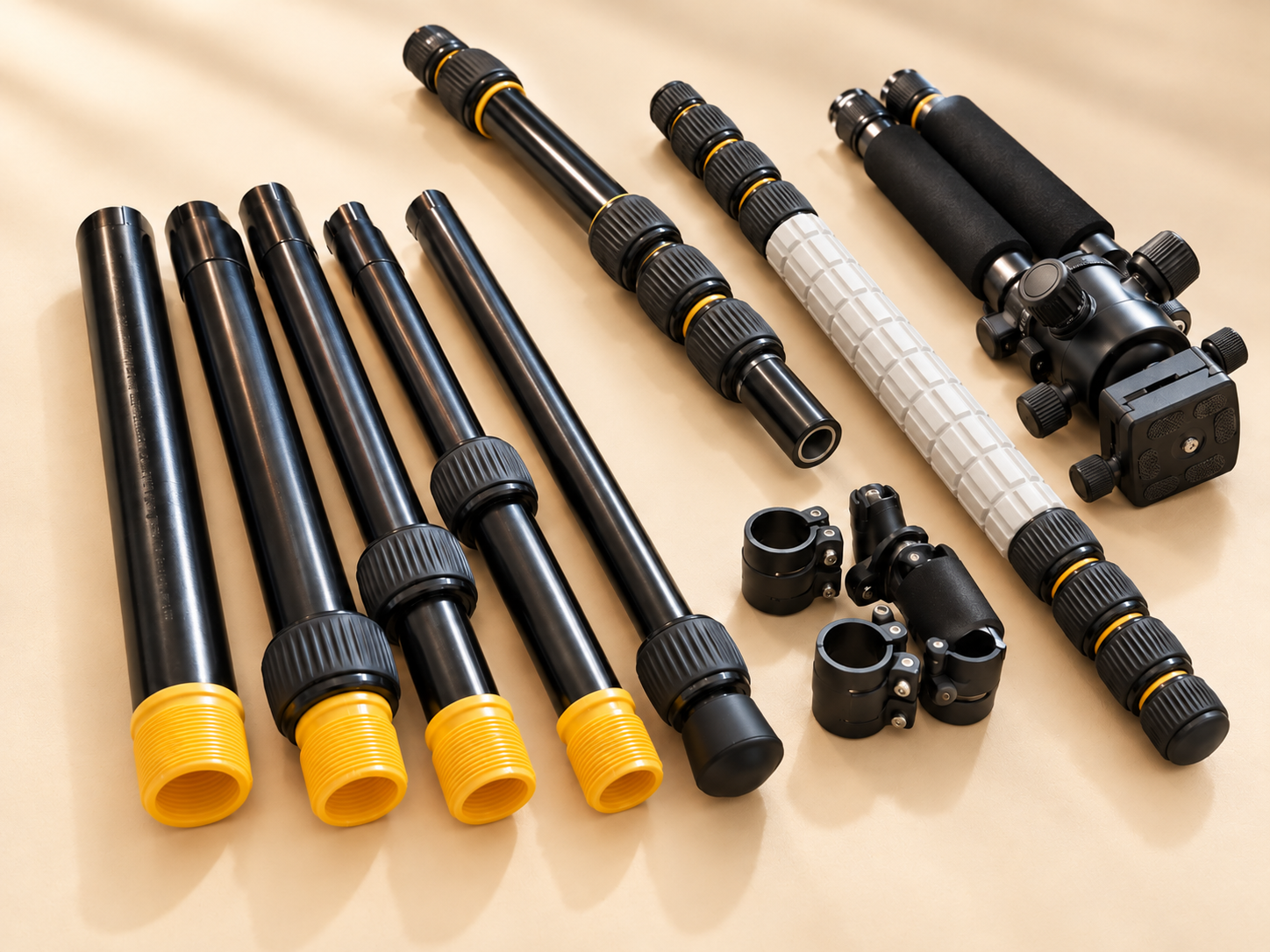 Editorial illustration of disassembled camera tripod tubes, locking collars and components on an ivory surface.