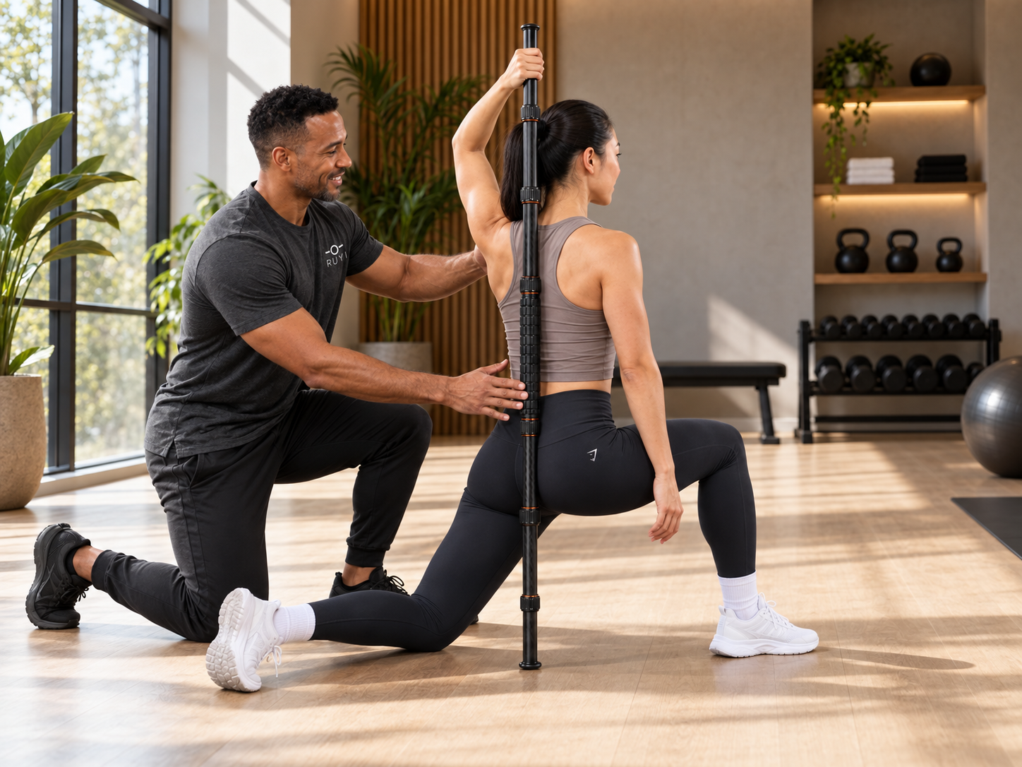 Woman practicing a controlled lunge with RUYI and a coach