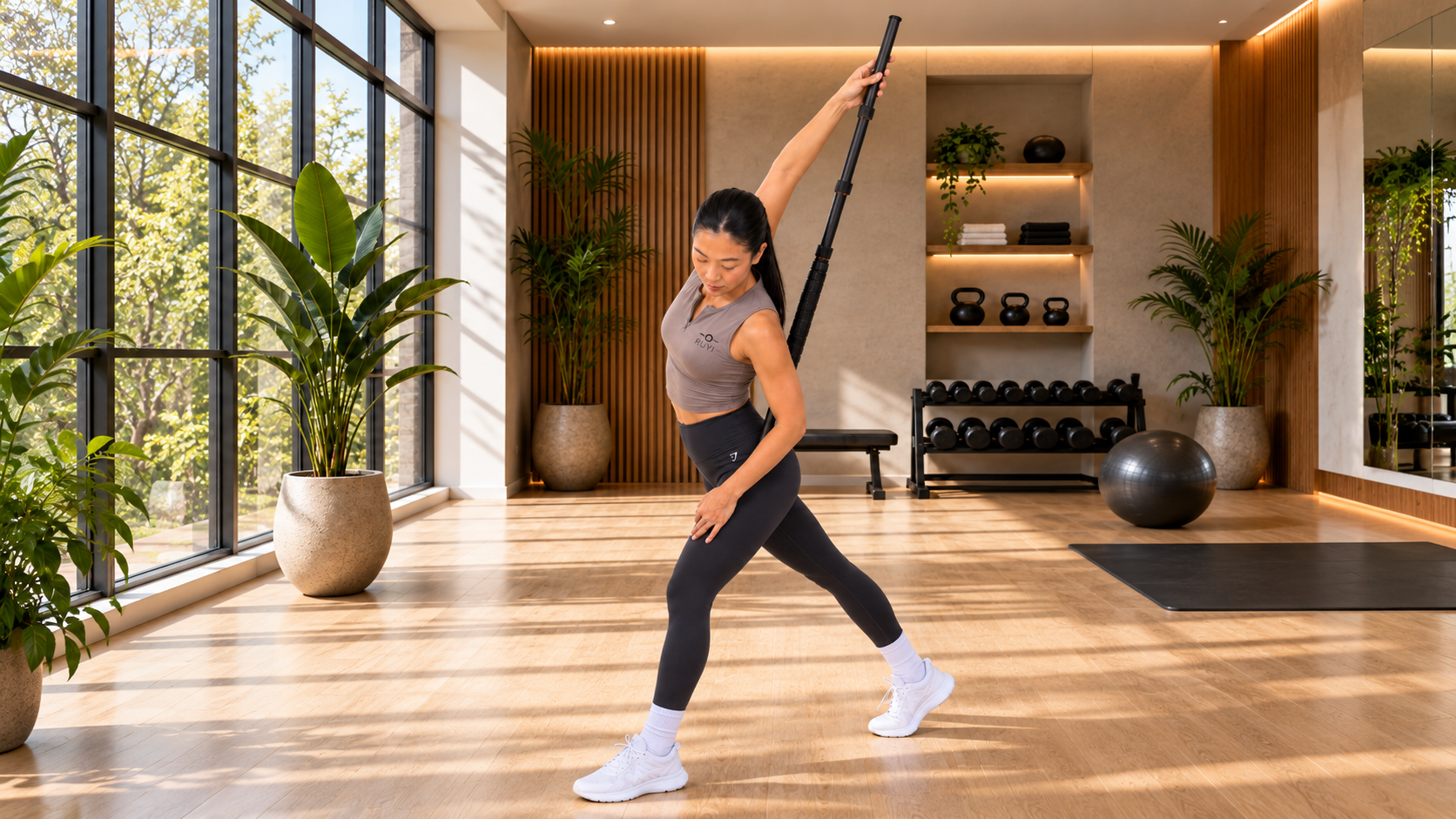 Woman stretching with RUYI extended in a studio