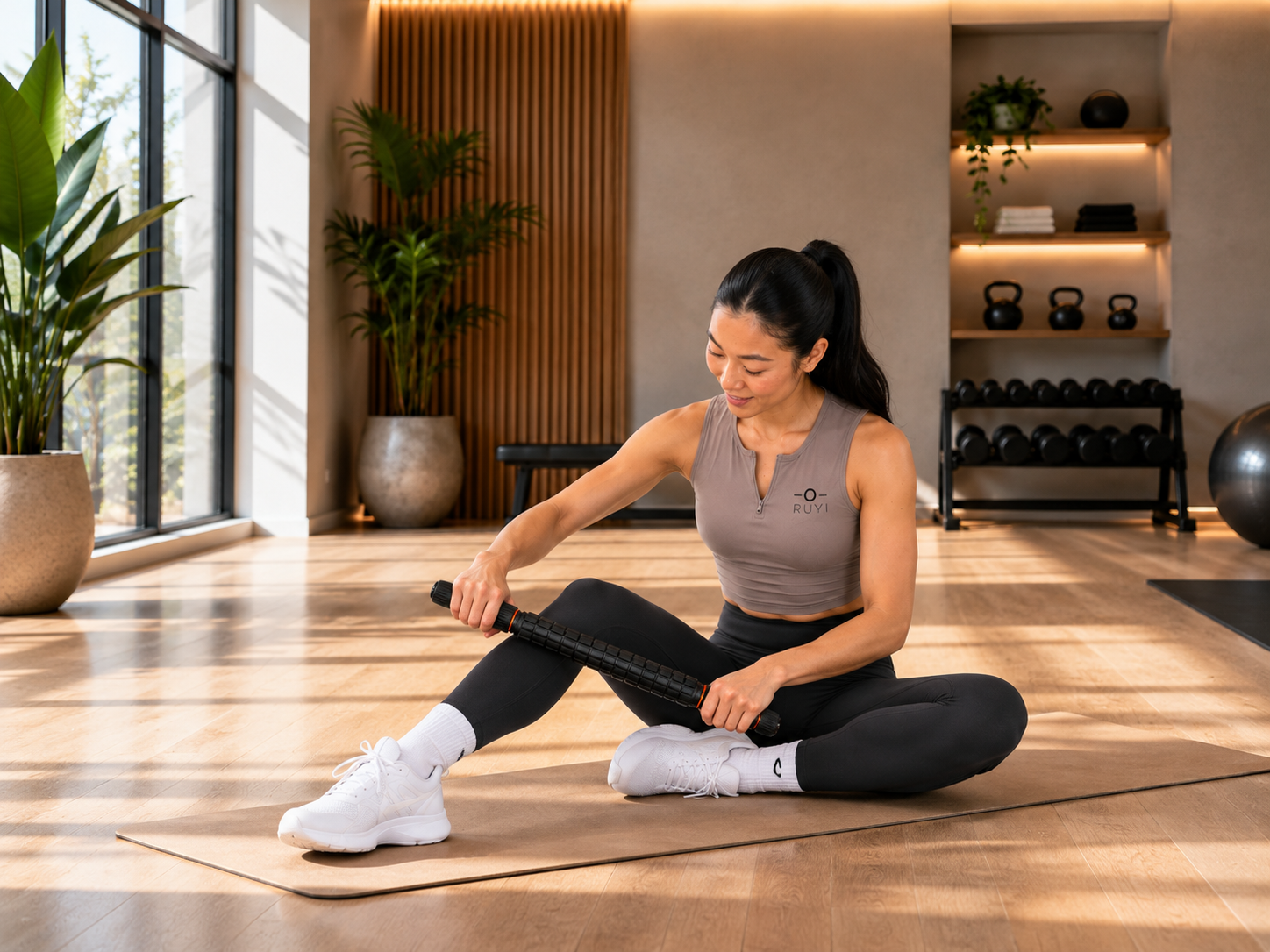 Woman using the integrated RUYI roller for self-massage